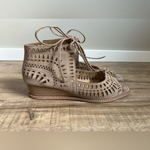 Vaneli Taupe laser Cutout Wedge Shoes neutral capsule boho bohemian lagenlook
